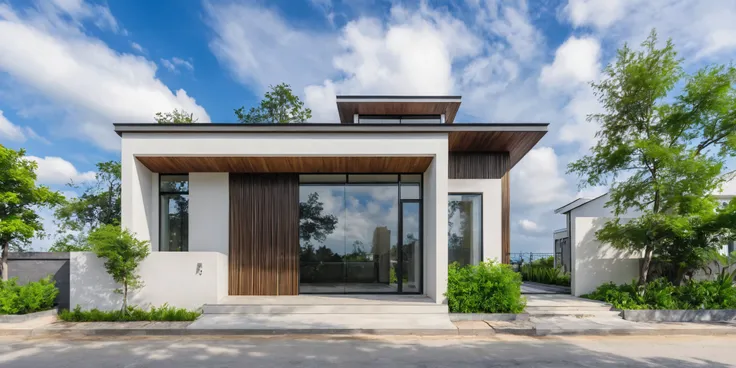Masterpiece, high quality, best quality, authentic , super detail, outdoor, house style modern, villa house , white wall, granite steps , glass windows , gateway , sidewalk , grass , tree ,blue sky, cloud, (day:1.1), realistic lighting, indoor lighti...