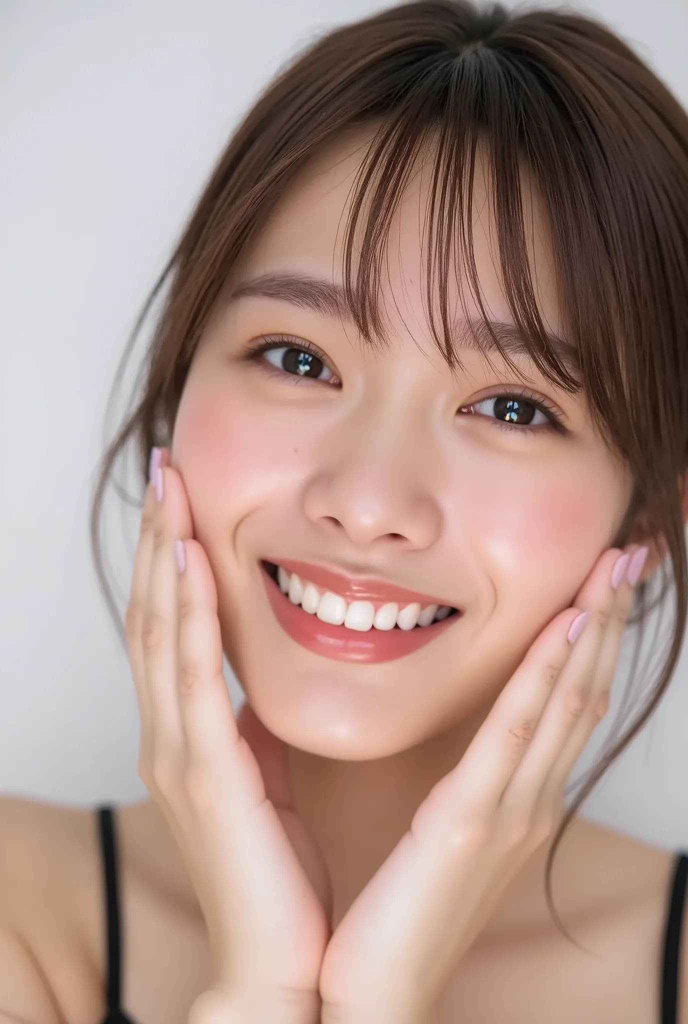 extreme close-up portrait, beautiful girl with her love-struck, radiant face filling the entire frame (95% face ratio), gently placing both open hands on her flushed cheeks with soft fingers, soft black camisole, white blurred background, eyes dreamy and h...