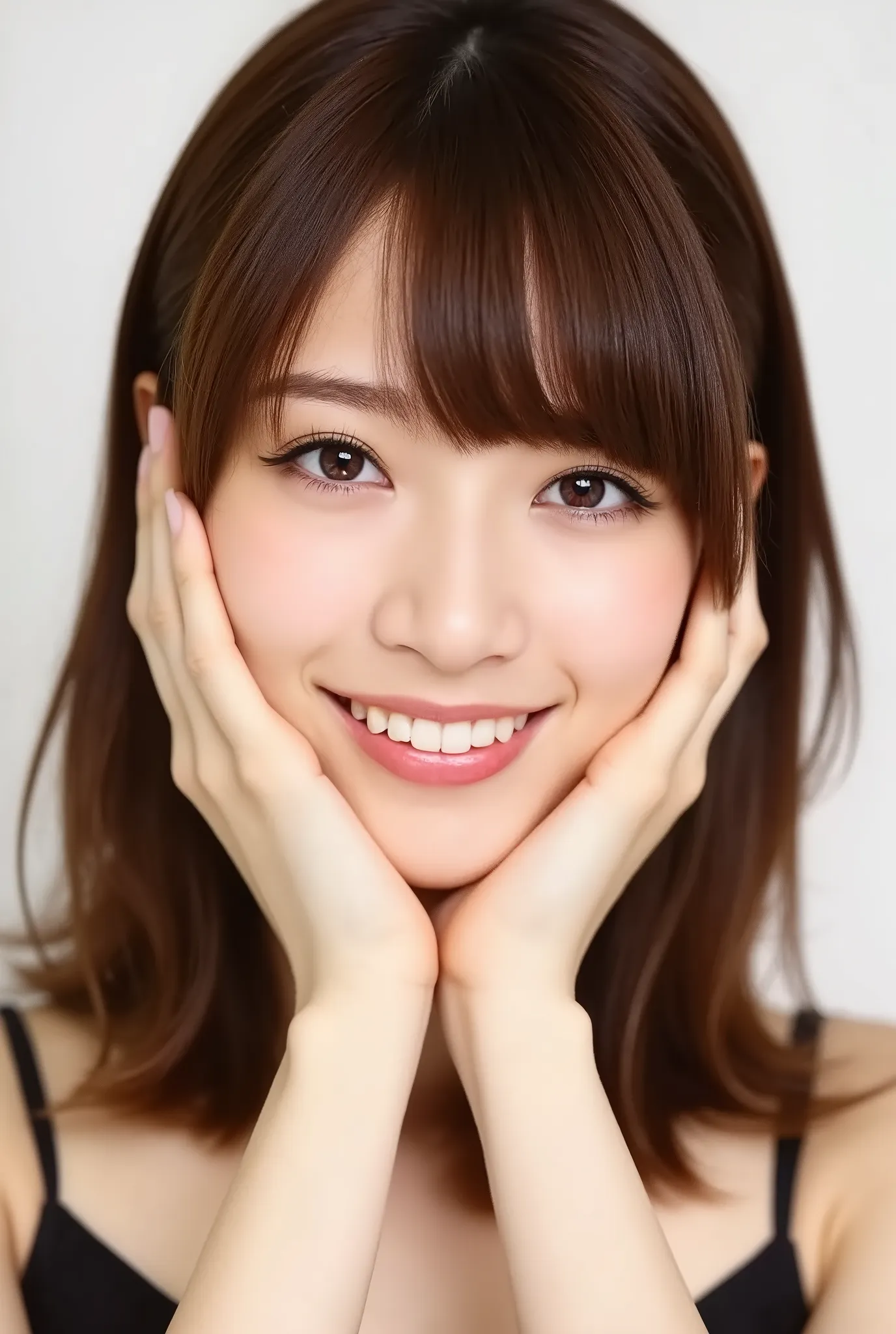 extreme close-up portrait, beautiful girl with her love-struck, radiant face filling the entire frame (95% face ratio), gently placing both open hands on her flushed cheeks with soft fingers, soft black camisole, white blurred background, eyes dreamy and h...