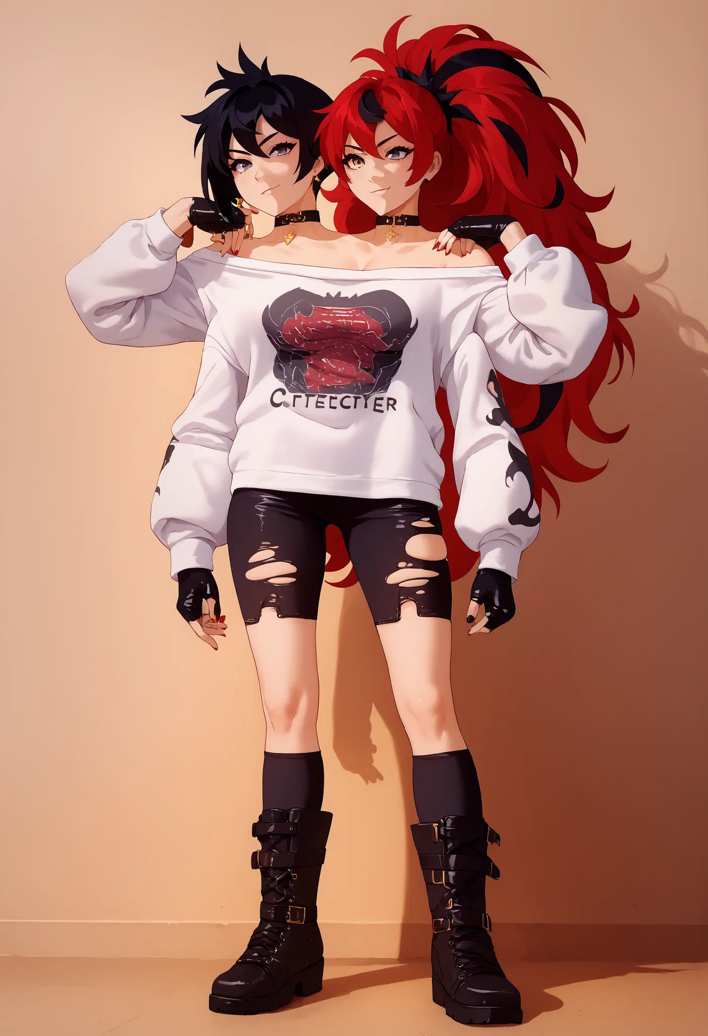 best resolution, anime woman with two heads, gold eyes, different hair colors, red hair, black hair, different hair-lengths, short hair, long hair, different hairstyles, spiky hair, straight hair, hair down, oversized white sweater, baggy sleeves, one s...