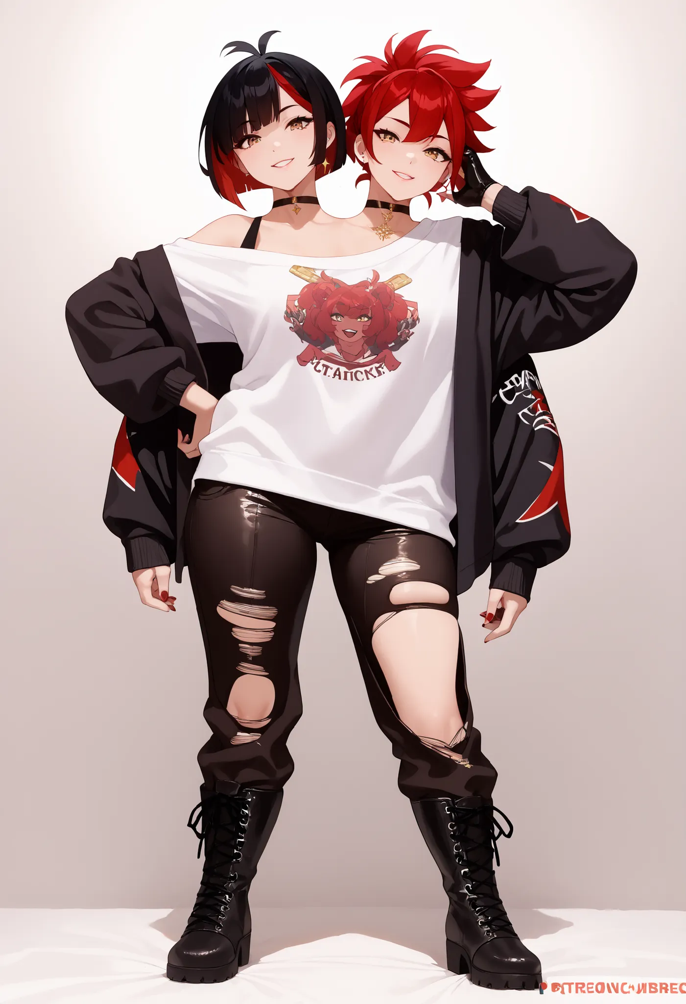 best resolution, anime woman with two heads, gold eyes, different hair colors, red hair, black hair, different hair-lengths, short hair, long hair, different hairstyles, spiky hair, straight hair, hair down, oversized white sweater, baggy sleeves, one s...