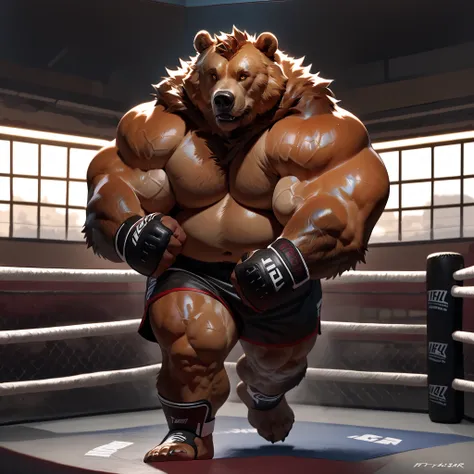 Realistic, 8k, masterpiece, Kodiak bear, male, solo, kodiak brown bear, thick overweight muscular, athletic, masculine, (nice eyes, orange eyes with pupils), MMA_gloves with knuckle pads, black MMA_trunks with red line slits, ankle support brace, MMA UFC T...