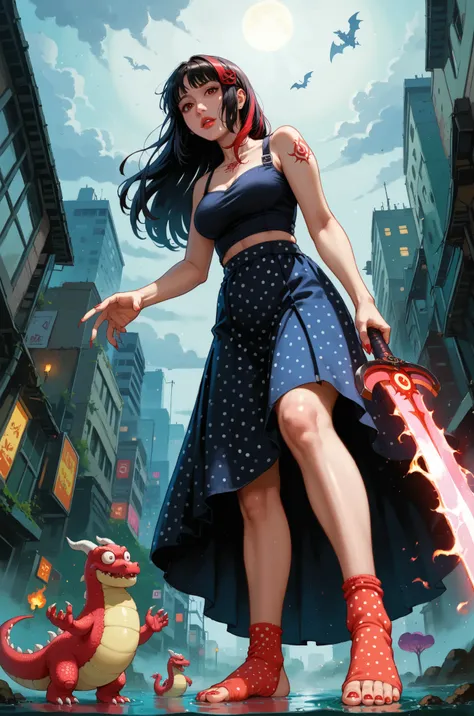 barefoot, amazing quality, Low angle view, Flooded section of an underground parking structure., 8K, dotted sheer ankle socks, slime_(creature), long hair, Tiered ruffle skirt, nail_polish, Antiquarian (Occult), motion_blur:1.1, depth of field, very aesthe...