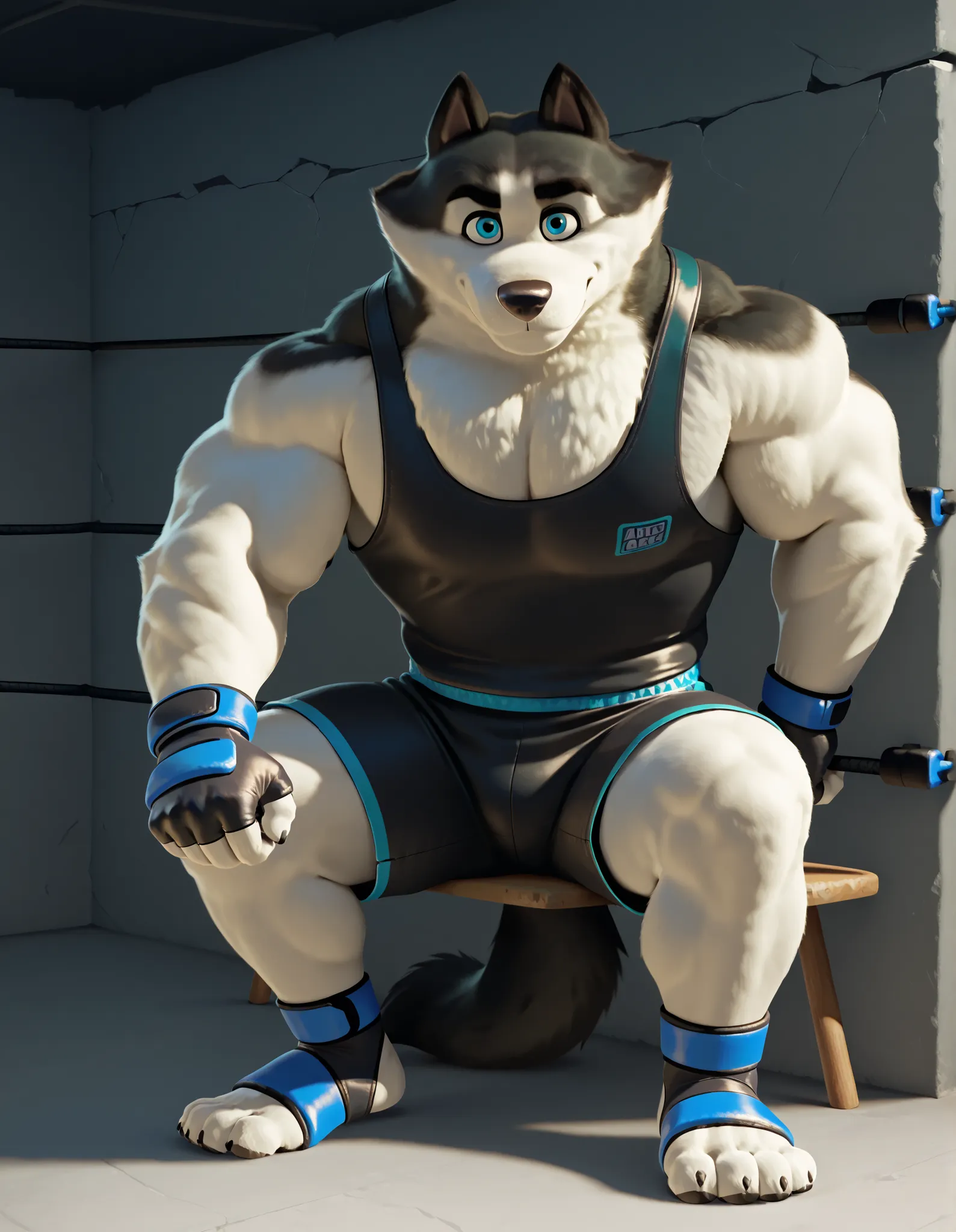 Duke (Arctic Dogs), anthro dog, black fur, white fur, male, blue eyes, high quality, full body, looking at viewer, solo, caged fighting ring background, fingerless gloves, feet, thick arms, muscular, black wrestling singlet shorts, ankle support brace, wre...