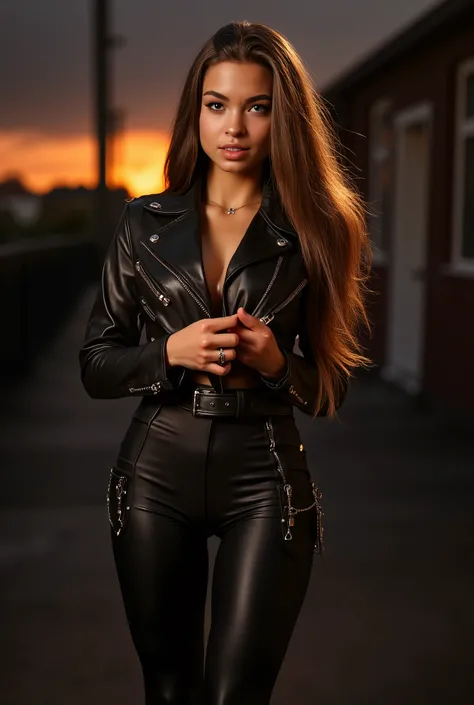 full body gorgeous sexy sensual woman , long brown hair in the wind . she's a men magazine model , She has a subtle smile and flirts with the camera , (leather jacket , eather boots and leather pants) , standing in dark city , ((sunset:1 . 3)) , (perfect ...
