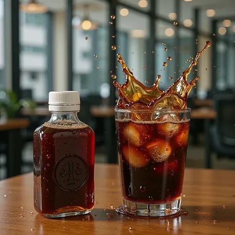 there is a glass of cold brew coffee and a bottle of cold brew coffee on a table, cold brew coffee ), shot on canon eos r 5, shot on canon eos r5, istock, shot with sony alpha 1 camera, commercial product photography, shot on sony a 7 iii, ice coffee, shut...