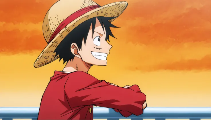 Luffy, half body, from side, smiling, head tilting up, long-sleeve red shirt, straw hat back of neck, arm on Sunny-go railing vast blue ocen in the distance, masterpiece, best quality,