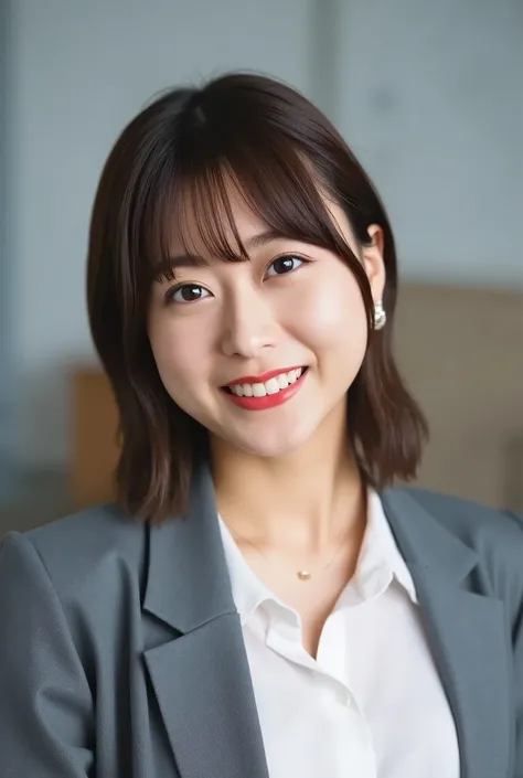 A neat and clean young woman、office lady suit、jacket、shirt、necklace、and look at the camera、hairstyle shortcuts、 pale brown hair、 smile showing teeth、ear piercing、upper body、Background is in a room、
