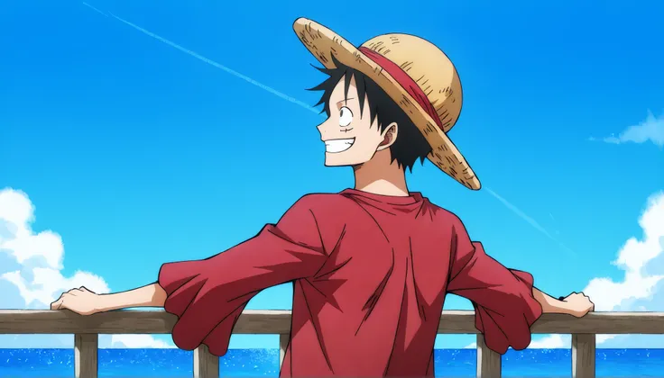 Luffy, half body, from front, smiling, eyes looking at side, head fell a bit, long-sleeve red shirt, wearing straw hat, both arms on Sunny-go railing vast blue ocean in the distance, masterpiece, best quality,