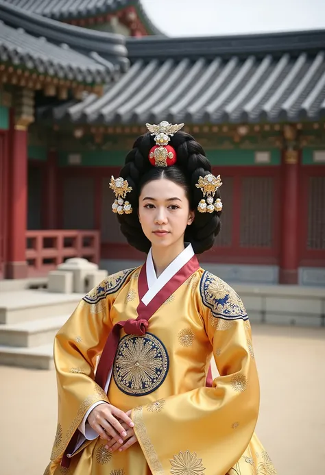 [CHARACTER: Traditional Korean Woman]
**Appearance:** A stunning Korean woman with soft, elegant features and fair skin, radiating sophistication.
**Outfit:** Wearing a **luxurious golden hanbok**, adorned with intricate embroidery, shimmering silk, and ri...