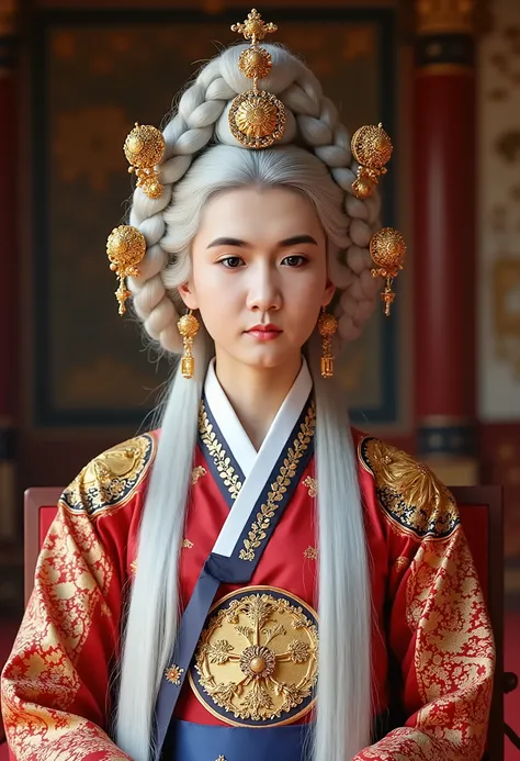 [CHARACTER: Korean Empress Dowager]  
**Appearance:** A dignified and wise elderly Korean woman with **long, flowing white hair**, exuding an air of wisdom, authority, and noble grace.  
**Outfit:** Wearing a **regal hanbok in deep red and navy blue**, sym...