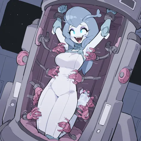 Futuristic space pilot woman, very tall girl, adult body, milf, alien babe, fae appearance, pale blue translucent skin, alien body, thicc, spaceship setting, scifi regal uniform, Beautiful face , exotic alien hair, sexy face, glowing eyes, In her late 30'...