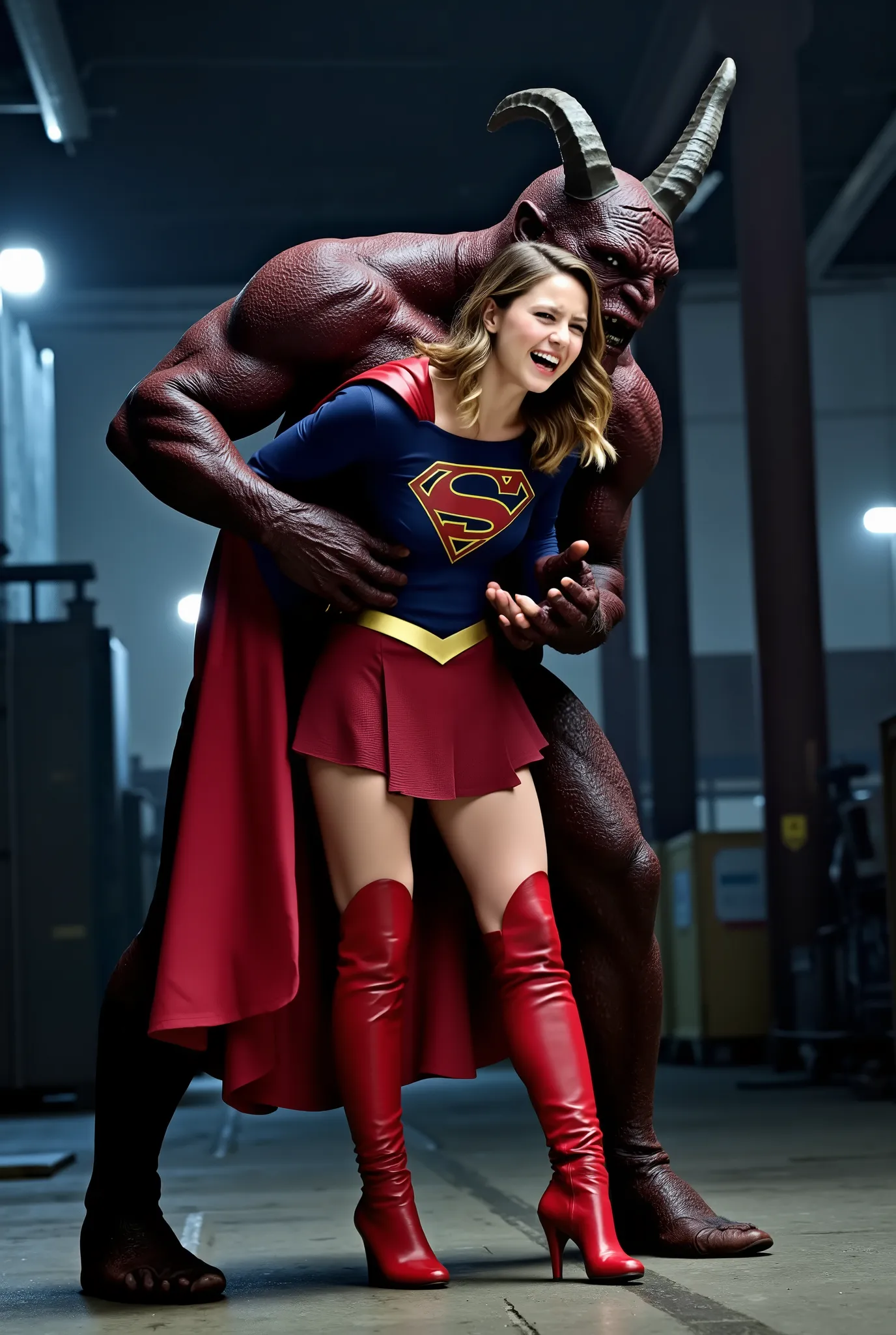 Melissa Benoist as Supergirl, she is screaming in pain, arms behind her back, try to resist, wearing a Supergirl costume, blue shirt and very short skirt, red high boots, she is harassed from behind by a huge body devil, A fierce devil is holding her arms ...
