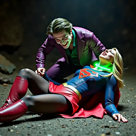 Supergirl is lying flat on Joker's lap, very bright white skin, can see whole body, a green lighting collar on her neck, She is wearing a thin black pantyhose, very short red skirt, flipped up skirt, red knee height long boots, blonde hair, unconsciousness...