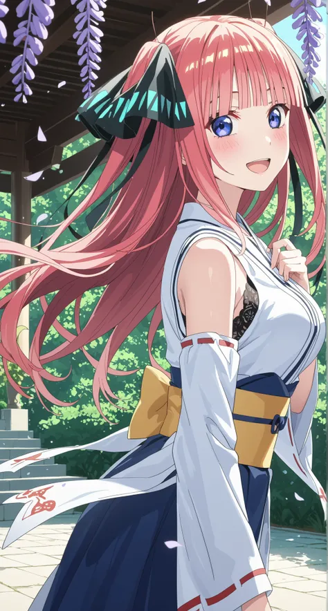 nsfw,nakano nino,glass cover,side shot,alternate color,masterpiece,detailed illustration,lifelike,{{{Cute 1nakano nino}}},shiny beautiful woman,cinematic lighting,dynamic angle,dynamic pose,depth of field,miko,looking at viewer,long hair,pink hair,shiny ha...