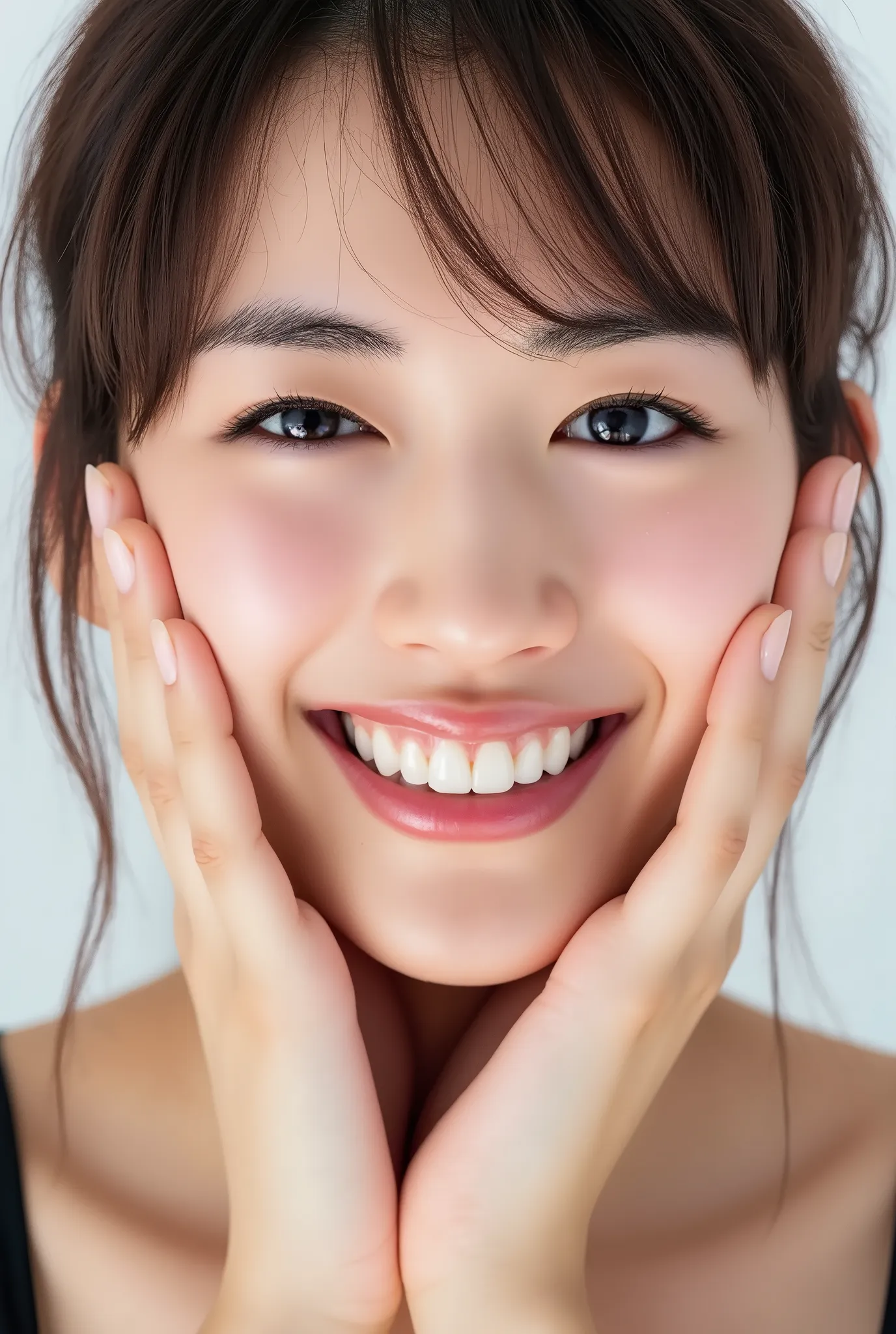 extreme close-up portrait, beautiful girl with her love-struck, radiant face filling the entire frame (95% face ratio), gently placing both open hands on her flushed cheeks with soft fingers, soft black camisole, white blurred background, eyes dreamy and h...