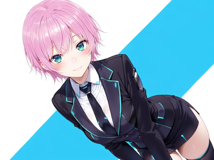 masterpiece,best quality, amazing quality, highres, absurdres, very aesthetic, high resolution, ultra detailed, perfect details,nijiriri,small breasts,blue eyes,green eyes,pink hair,short hair,nijiriricos,white shirt,black necktie,black jacket,black skirt,...