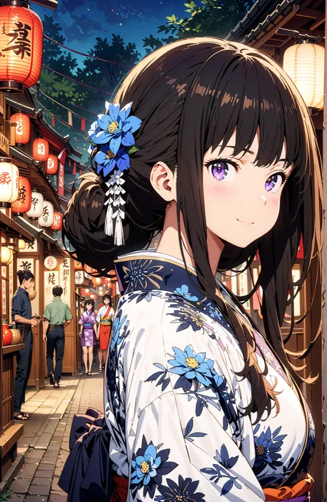 takina inoue,bungs, black hair, Purple Eyes,side lock,flower hair ornament with ears,single bun hair,Blue flower pattern kimono,Nape,smile,blush,mouth,Japanese stalls ,Red Lantern,night,standing,full bodyがイラストに入るように,in their 40s looking at viewer,full body...