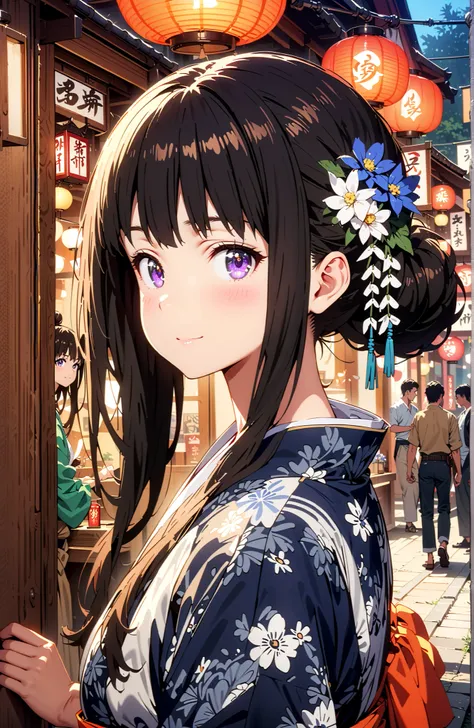takina inoue,bungs, black hair, Purple Eyes,side lock,flower hair ornament with ears,single bun hair,Blue flower pattern kimono,Nape,smile,blush,mouth,Japanese stalls ,Red Lantern,night,standing,full bodyがイラストに入るように,in their 40s looking at viewer,full body...