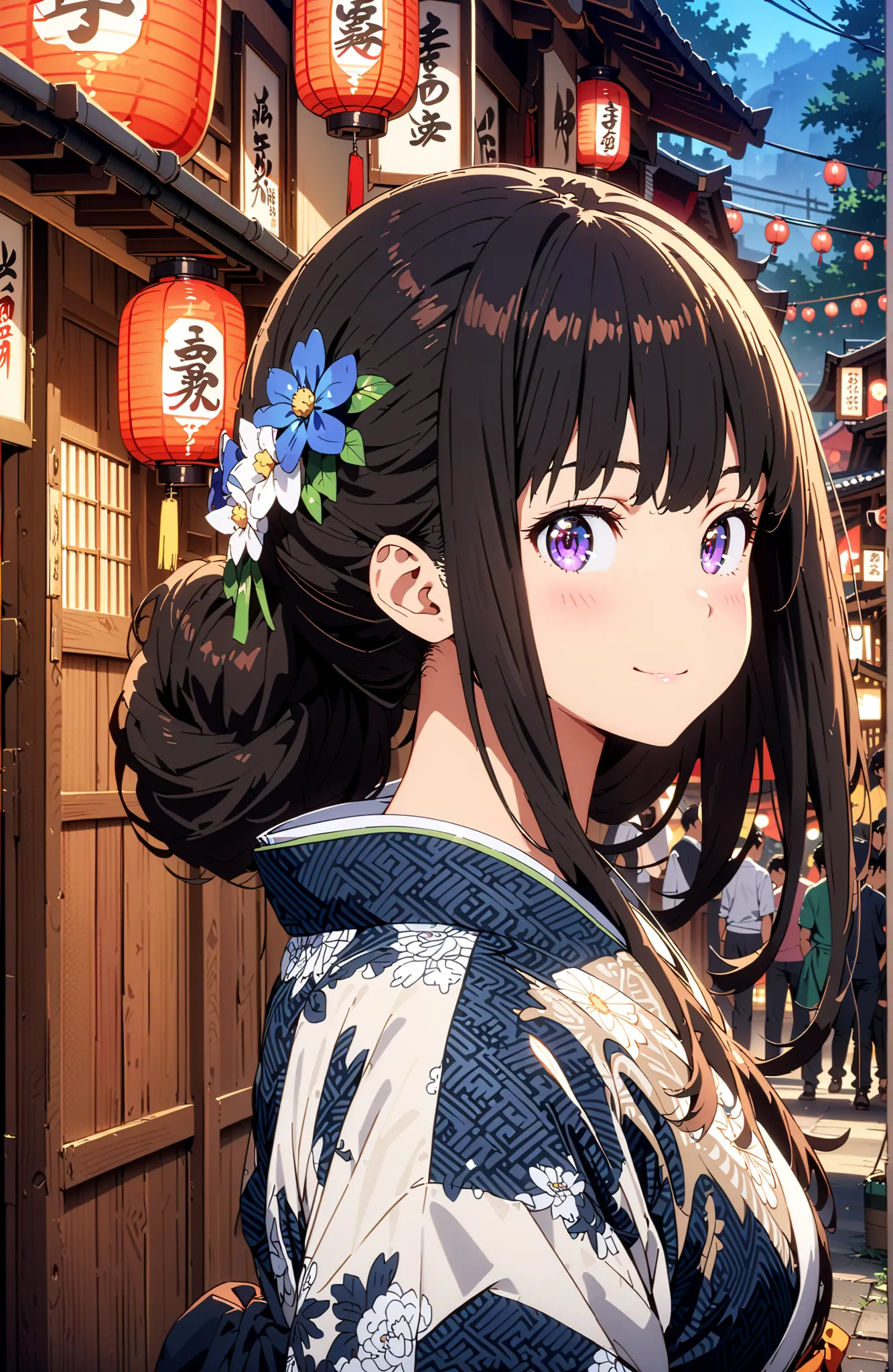 takina inoue,bungs, black hair, Purple Eyes,side lock,flower hair ornament with ears,single bun hair,Blue flower pattern kimono,Nape,smile,blush,mouth,Japanese stalls ,Red Lantern,night,standing,full bodyがイラストに入るように,in their 40s looking at viewer,full body...