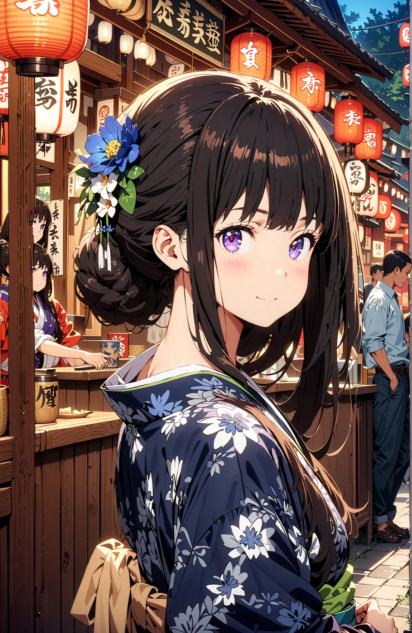 takina inoue,bungs, black hair, Purple Eyes,side lock,flower hair ornament with ears,single bun hair,Blue flower pattern kimono,Nape,smile,blush,mouth,Japanese stalls ,Red Lantern,night,standing,full bodyがイラストに入るように,in their 40s looking at viewer,full body...