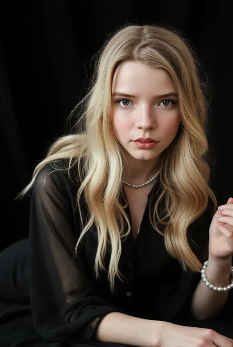 photorealistic portrait of a seductive girl, she has long white hair, she's wearing a sheer black cape, she has delicate pearl jewelry, she looks at the viewer with a sensual gaze, sensual expression, natural light skin tone, detailed skin texture, realist...