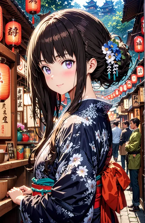 takina inoue,bungs, solo,black hair, Purple Eyes,side lock,flower hair ornament with ears,single bun hair,Blue flower pattern kimono,Nape,smile,blush,mouth,Japanese stalls ,Red Lantern,night,standing,crowd,full bodyがイラストに入るように,in their 40s looking at viewe...