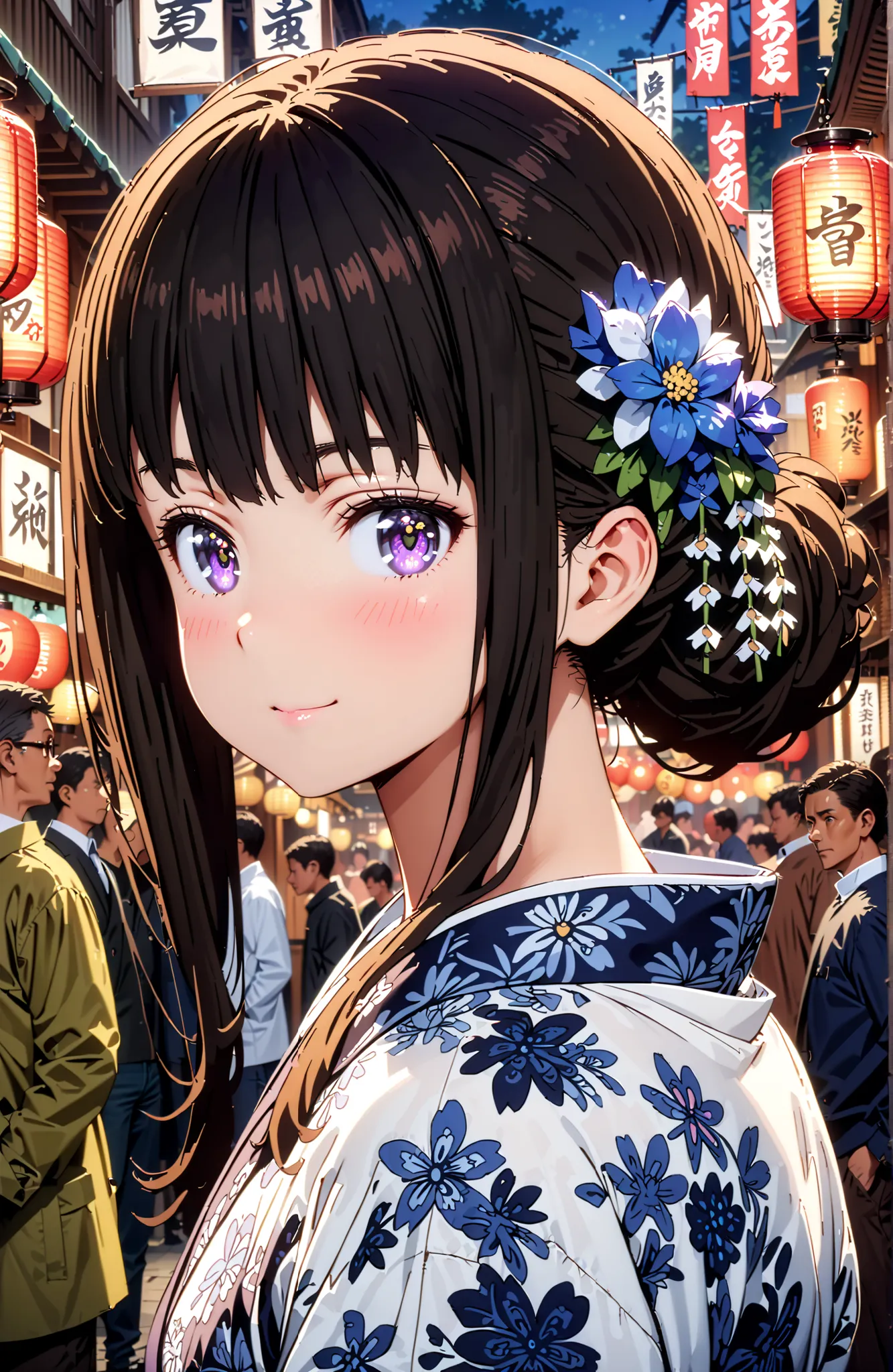 takina inoue,bungs, solo,black hair, Purple Eyes,side lock,flower hair ornament with ears,single bun hair,Blue flower pattern kimono,Nape,smile,blush,mouth,Japanese stalls ,Red Lantern,night,standing,crowd,full bodyがイラストに入るように,in their 40s looking at viewe...