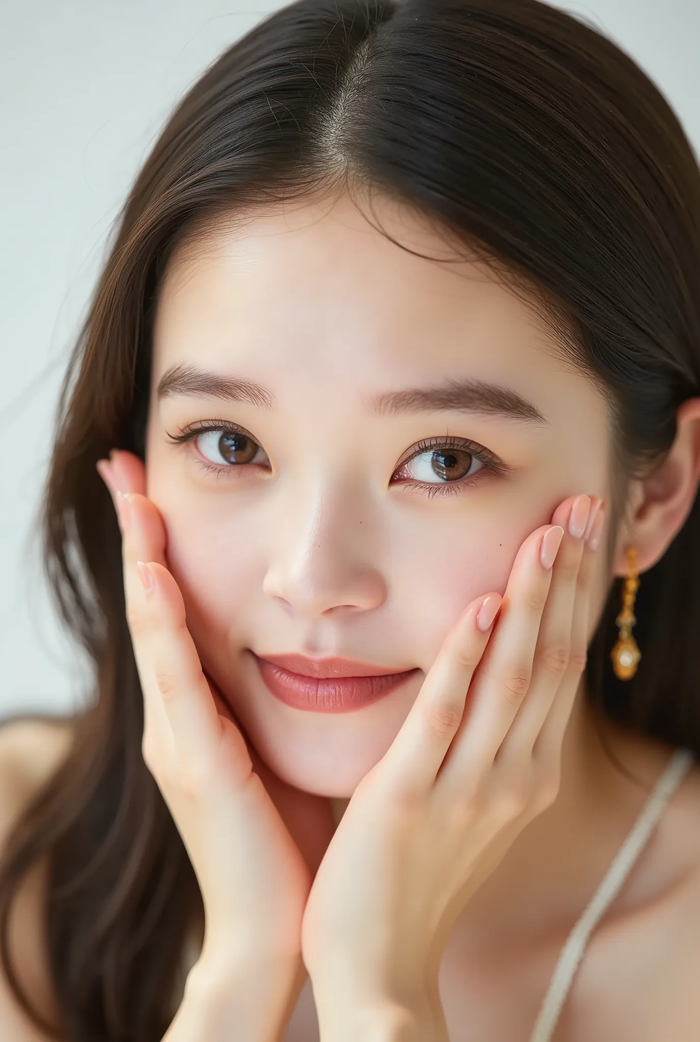 extreme close-up portrait, beautiful girl with her love-struck, radiant face filling the entire frame (95% face ratio), gently placing both open hands on her flushed cheeks with soft fingers, soft black camisole, white blurred background, eyes dreamy and h...