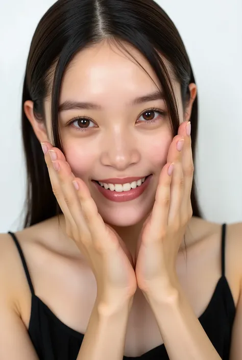 extreme close-up portrait, beautiful girl with her love-struck, radiant face filling the entire frame (95% face ratio), gently placing both open hands on her flushed cheeks with soft fingers, soft black camisole, white blurred background, eyes dreamy and h...
