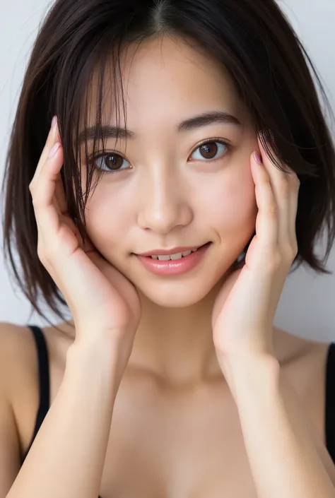 extreme close-up portrait, beautiful girl with her love-struck, radiant face filling the entire frame (95% face ratio), gently placing both open hands on her flushed cheeks with soft fingers, soft black camisole, white blurred background, eyes dreamy and h...