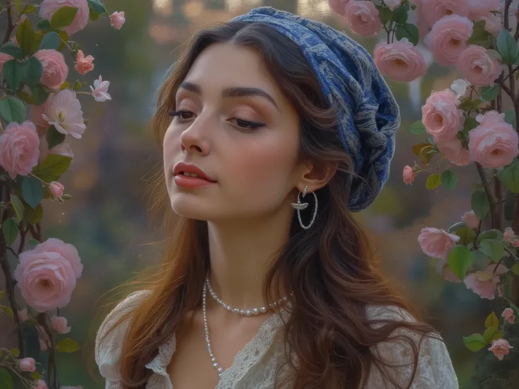 GAME CARDS FRAME, CARDS WITH THIS IMAGE: Tight frame captures her ivory profile, Animal Butler, looking up, headwrap’s cobalt spirals dissolving into a dreamlike wash of William Morris-style florals. Animal Butler, Lorek’s hyperrealism renders each pore lu...