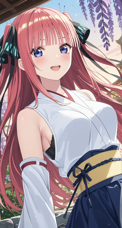 nsfw,nakano nino,glass cover,side shot,alternate color,masterpiece,detailed illustration,lifelike,{{{Cute 1nakano nino}}},shiny beautiful woman,cinematic lighting,dynamic angle,dynamic pose,depth of field,miko,looking at viewer,long hair,pink hair,shiny ha...