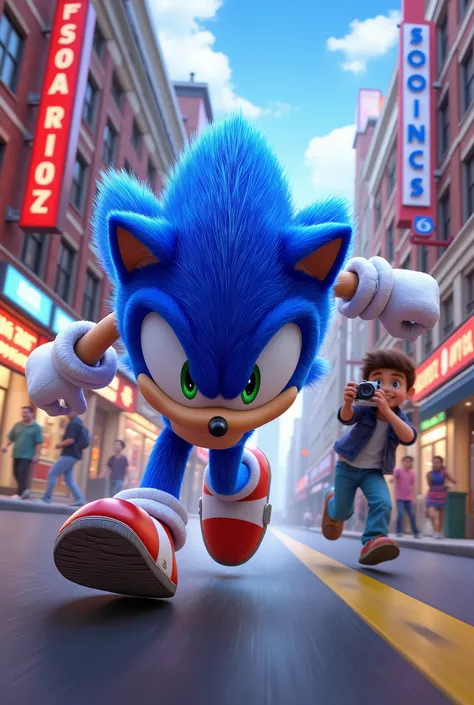 Sonic the Hedgehog running through town、Young man chasing after him with a digital camera behind、