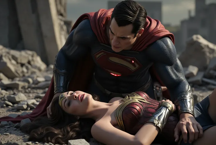 Wonder woman is laying down flat on the ruin, she is attacked by Superman, nervous, painful, eyes close, Superman is bending over her body, his eyes is red, red light on his eyes, whole body visible from head to feet, hyperrealism,