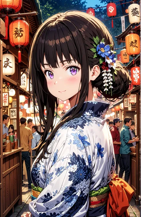 takina inoue,bungs, solo,black hair, Purple Eyes,side lock,flower hair ornament with ears,single bun hair,Blue flower pattern kimono,Nape,smile,blush,mouth,Japanese stalls ,Red Lantern,night,standing,crowd,full bodyがイラストに入るように,in their 40s looking at viewe...