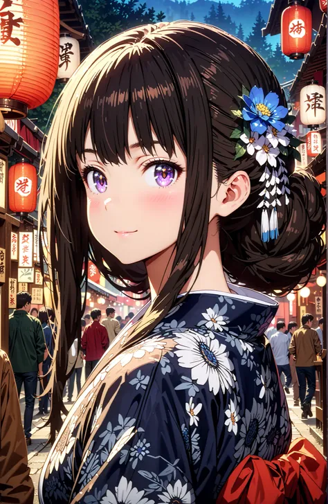 takina inoue,bungs, solo,black hair, Purple Eyes,side lock,flower hair ornament with ears,single bun hair,Blue flower pattern kimono,Nape,smile,blush,mouth,Japanese stalls ,Red Lantern,night,standing,crowd,full bodyがイラストに入るように,in their 40s looking at viewe...