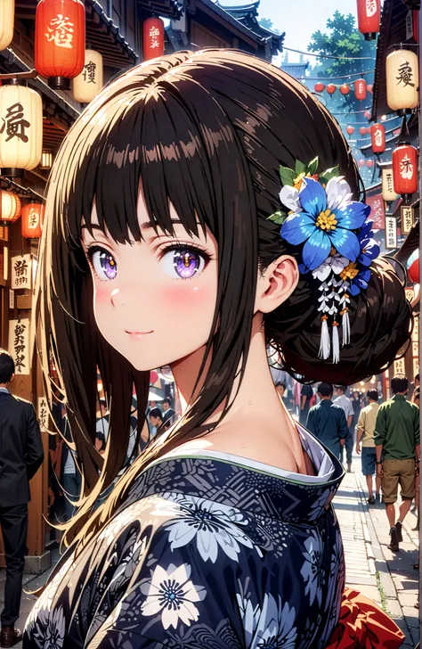 takina inoue,bungs, solo,black hair, Purple Eyes,side lock,flower hair ornament with ears,single bun hair,Blue flower pattern kimono,Nape,smile,blush,mouth,Japanese stalls ,Red Lantern,night,standing,crowd,full bodyがイラストに入るように,in their 40s looking at viewe...