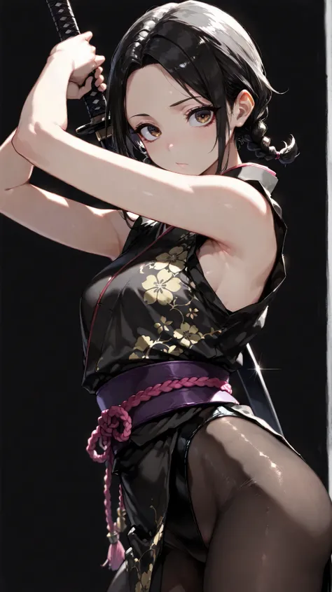 Shelley Gee, (masterpiece, Highest Quality, high resolution: 1.2), girl, alone, brown eyes 、Forehead、Short braids、black hair、 Japanese sword、、pantyhose、Fair skin、Black pantyhose, black background、Big eyes, cute、One braid, dynamic pose、leotard、Kunoichi、No ...