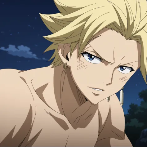 looking at viewer, score_9, score_8_up, score_7_up, source_anime, StingFT, Sting blonde hair, light yellow Sting, 1boy, male focus, anime screencap, dark night sky background with soft shadows, soft blue lighting highlighting his features, high-quality ani...