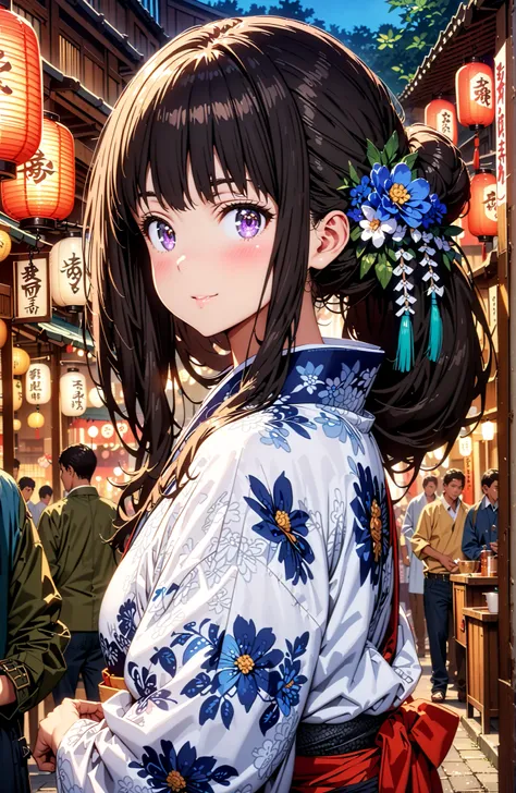 takina inoue,bungs, solo,black hair, Purple Eyes,side lock,flower hair ornament with ears,single bun hair,Blue flower pattern kimono,Nape,smile,blush,mouth,Japanese stalls ,Red Lantern,night,standing,crowd,full bodyがイラストに入るように,in their 40s looking at viewe...