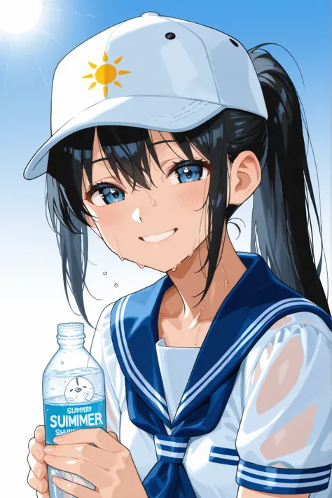 High Quality、masterpiece、anime style、1girl、close-up face、White baseball cap、sailor suit、ponytail、 Smile、holding a clear plastic bottle、Drink water、Drink advertisement on the left、 Delicate Background 、Summer Sunshine、 Shadow 、sweat、Sun, Commercial Purpose ...