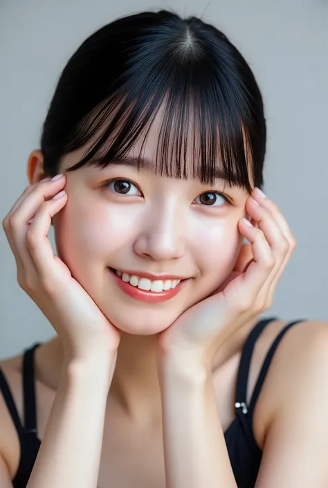 extreme close-up portrait, beautiful girl with her love-struck, radiant face filling the entire frame (95% face ratio), gently placing both open hands on her flushed cheeks with soft fingers, soft black camisole, white blurred background, eyes dreamy and h...