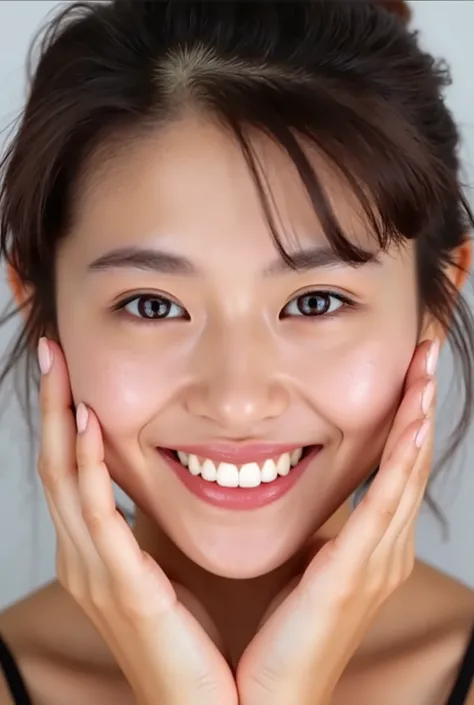 extreme close-up portrait, beautiful girl with her love-struck, radiant face filling the entire frame (95% face ratio), gently placing both open hands on her flushed cheeks with soft fingers, soft black camisole, white blurred background, eyes dreamy and h...
