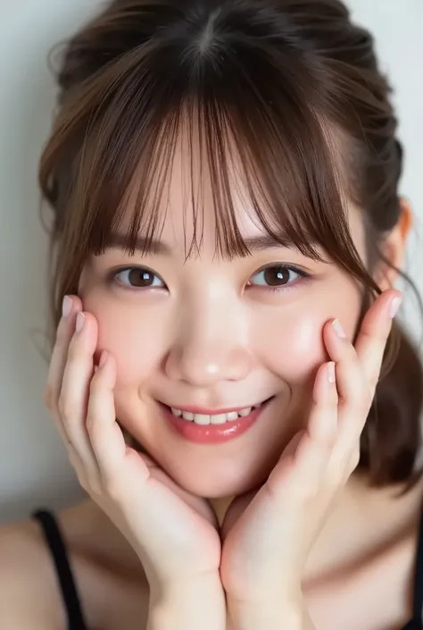 extreme close-up portrait, beautiful girl with her love-struck, radiant face filling the entire frame (95% face ratio), gently placing both open hands on her flushed cheeks with soft fingers, soft black camisole, white blurred background, eyes dreamy and h...