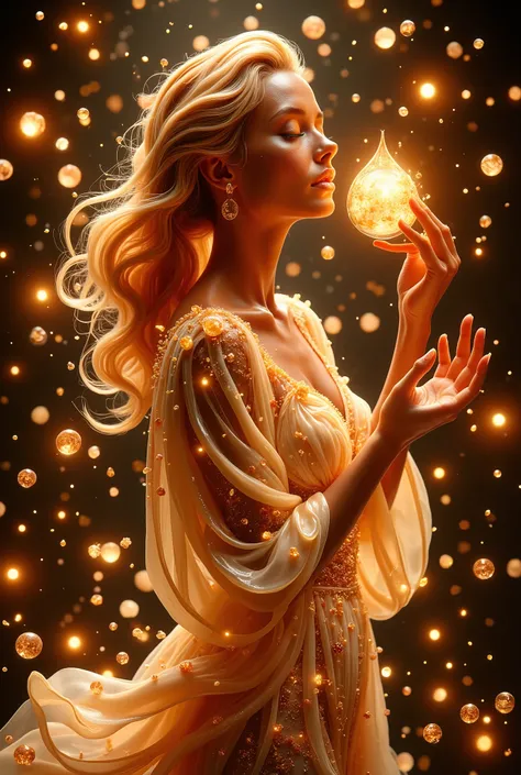 **"In the center of a radiant, dreamlike space, a breathtaking woman floats as if suspended in light itself. Her flowing hair catches the soft glow, shimmering with an ethereal brilliance as she moves with effortless grace. In her fingertips, she delicatel...