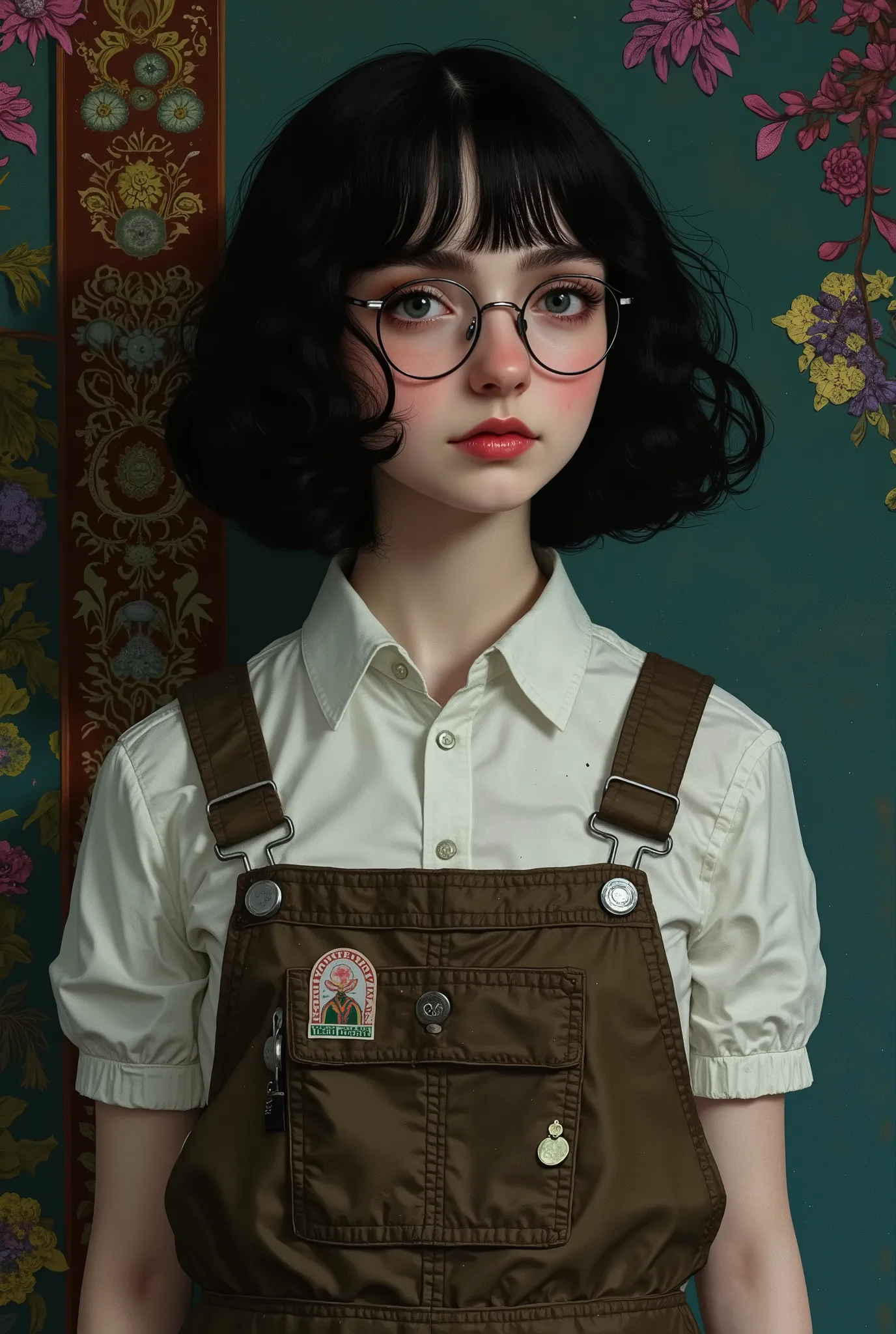 beautiful detailed photograph, girl, pale skin, black brown short curly perm hair, a lock of curly hair partially covers her right eye, wearing an olive brown mechanical overall very dirty, standing in a dark dirty cover in spiderweb haunted 19 century li...