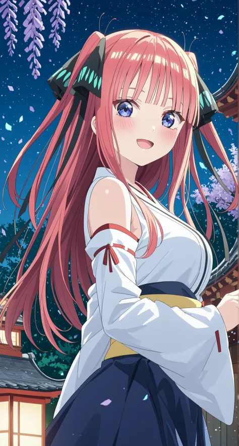 nsfw,nakano nino,glass cover,side shot,alternate color,masterpiece,detailed illustration,lifelike,{{{Cute 1nakano nino}}},shiny beautiful woman,cinematic lighting,dynamic angle,dynamic pose,depth of field,miko,looking at viewer,long hair,pink hair,shiny ha...
