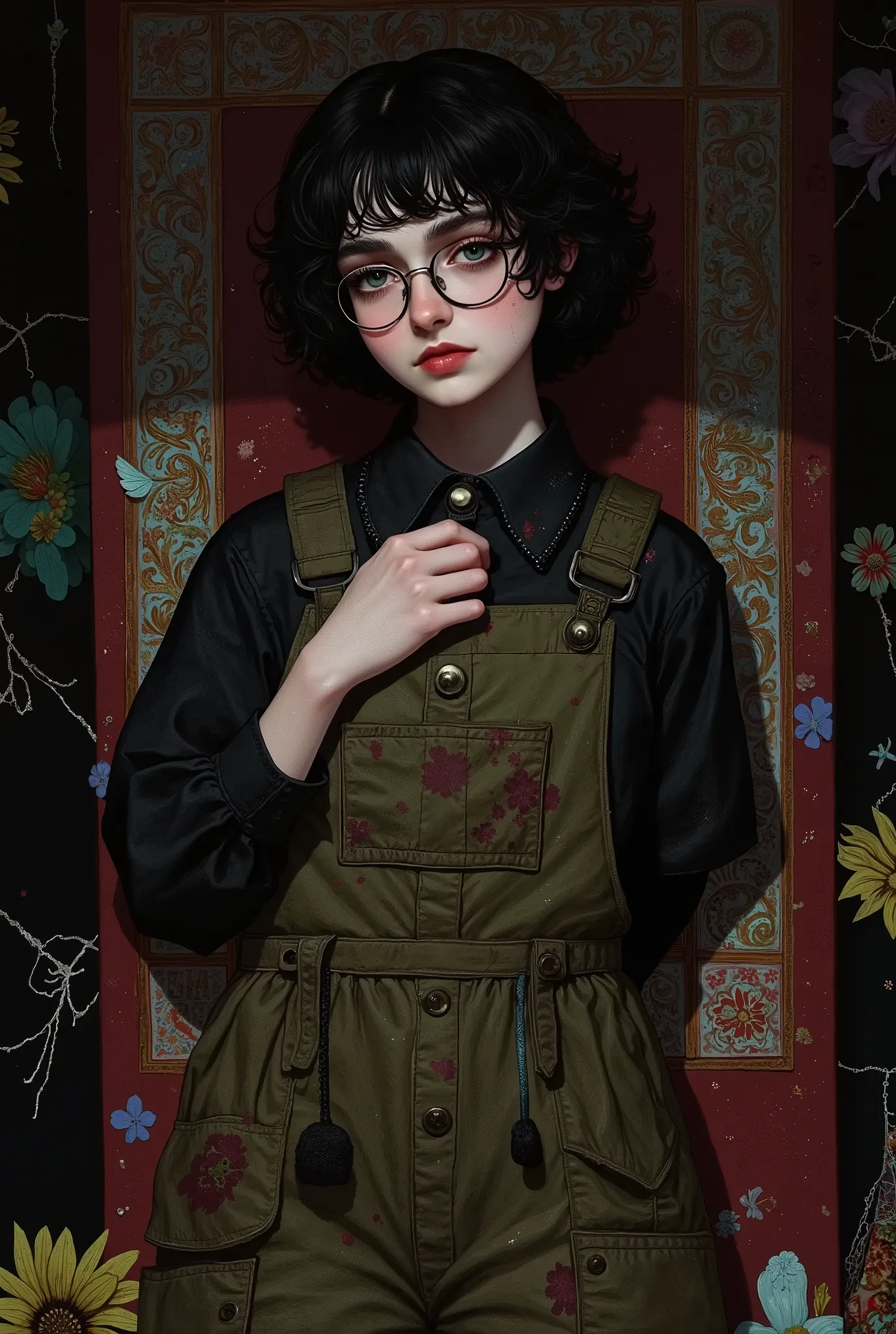 beautiful detailed photograph,  girl, pale skin, black brown short curly perm hair, a lock of curly hair partially covers her right eye, wearing an olive brown mechanical overall very dirty, standing in a dark dirty cover in spiderweb haunted 19 century li...
