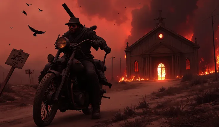 A rugged outlaw rides a vintage motorcycle down a dusty, abandoned road at twilight, with a burning church behind him. He holds a long-barreled rifle slung over one shoulder, gripping it with one hand. His eyes glow faintly red, hinting at a dark transform...